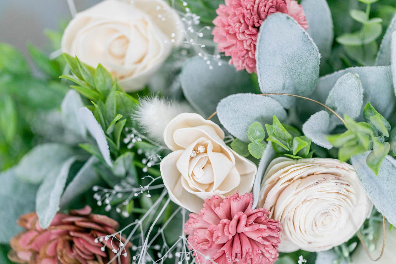 wooden flower bridal bouquet with earrings