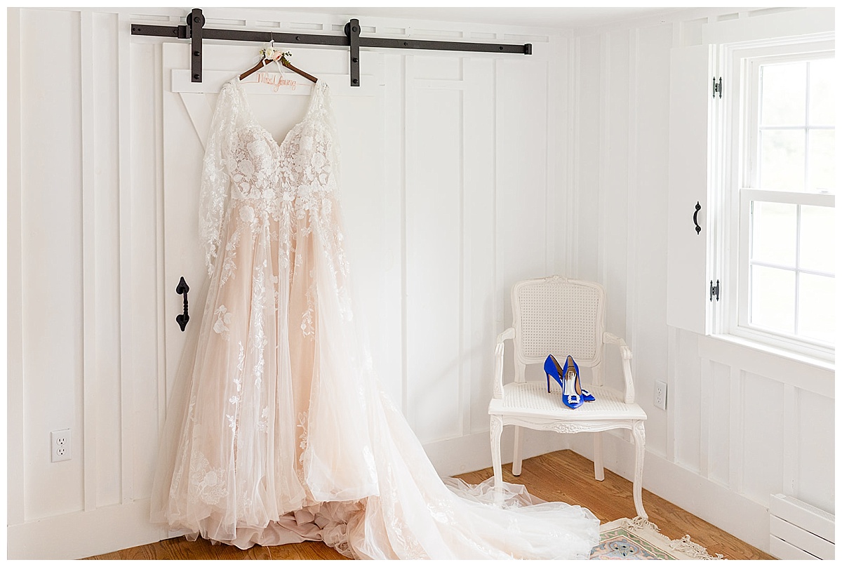 Wedding dress hanging by the closet