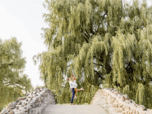 Romantic engagement photos at Upper Onondaga Park stone bridge and pond in Syracuse